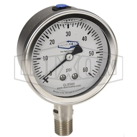Dixon Gauge, 0 to 400 psi, 1/4 in NPT Connection, 2-1/2 in Dial, +/- 2-1-2 %, Glycerin Liquid Filled GLSS400